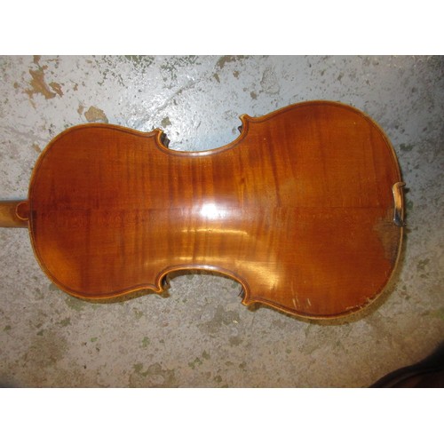 190 - Violin labelled to the interior ' D. Salzard ' (14.25in back) together with two bows in a fitted cas... 