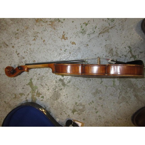 190 - Violin labelled to the interior ' D. Salzard ' (14.25in back) together with two bows in a fitted cas... 