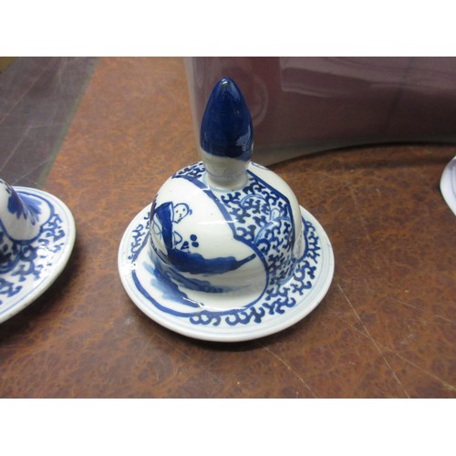 594 - Pair of 19th Century Chinese blue and white ginger jars with covers and finials, decorated with pane... 