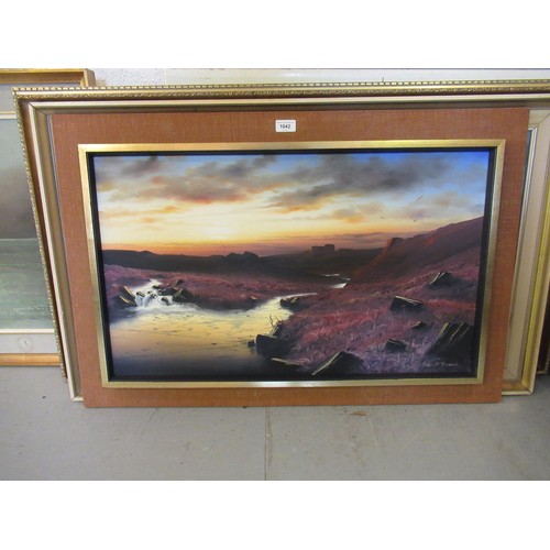 1042 - Brian D. Horswell, oil on canvas, sunset moorland landscape, 17ins x 29ins, framed together with a l... 