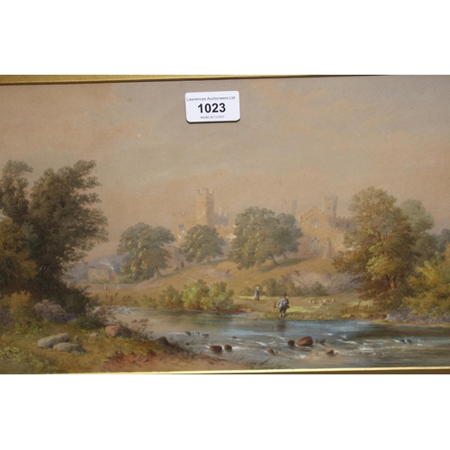 1023 - F. Boisseree, late 19th Century watercolour, landscape with figure fishing to the foreground with di... 