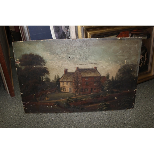 1288 - 19th Century primitive school, oil on panel, view of a country house and garden with child riding a ... 