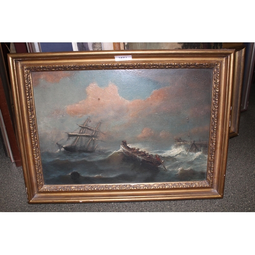 1291 - 19th Century Continental school, oil on panel, figures in an open boat approaching a square rigger i... 