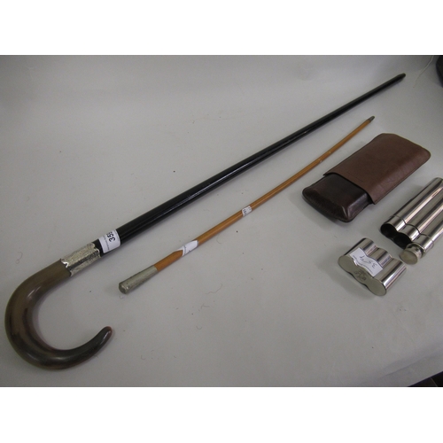 359 - Silver mounted walking cane, military swagger stick and a cigar case/ hip flask