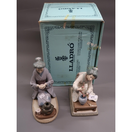 515 - Lladro figure of a geisha tending flowers on a rectangular plinth base, 8ins high approximately, in ... 