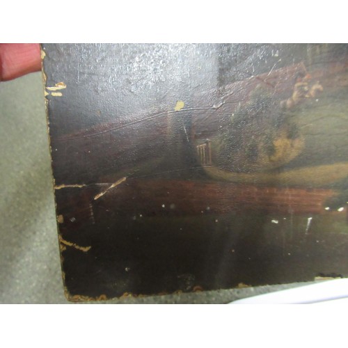 1288 - 19th Century primitive school, oil on panel, view of a country house and garden with child riding a ... 