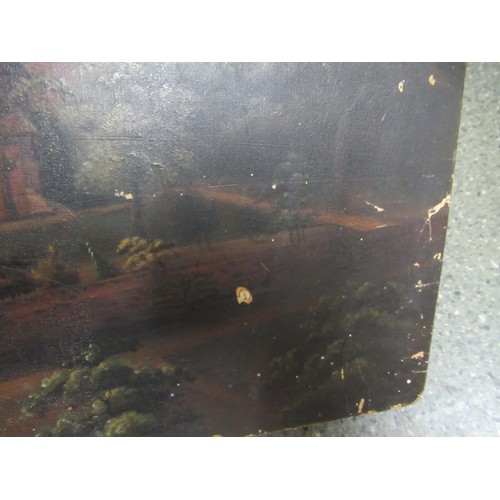 1288 - 19th Century primitive school, oil on panel, view of a country house and garden with child riding a ... 