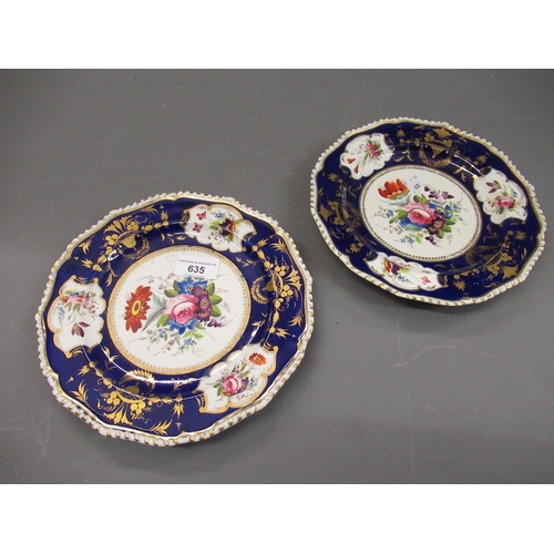 635 - Pair of early Derby handpainted floral decorated cabinet plates, 8.5ins diameter  (with wear to gild... 