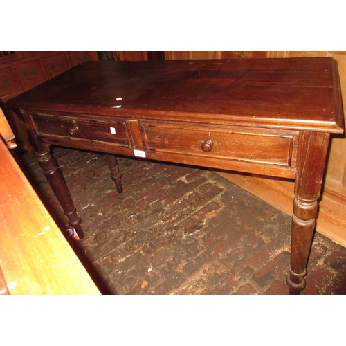 2444 - Victorian mahogany side table with two frieze drawers, raised on turned tapering supports (splits to... 