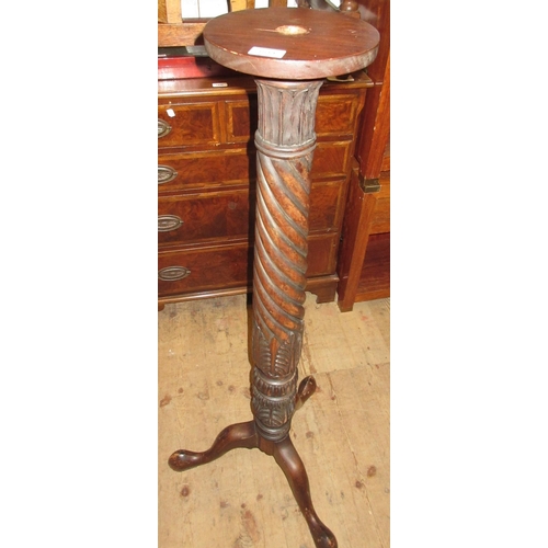 2450 - Mahogany turned fluted column torchere on tripod support