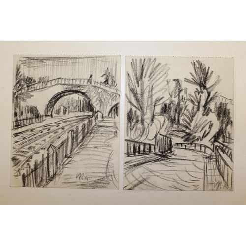 1041 - Michael Andrews, a charcoal sketch on paper, bridge over a railway line, signed with initials M.A., ... 