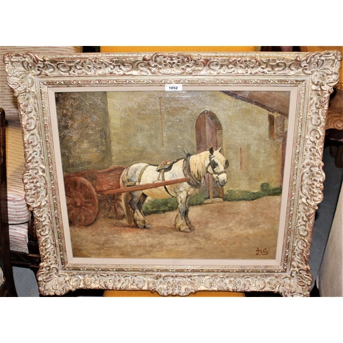 1052 - Harry Fidler, oil on canvas, grey work horse drawing a wooden cart in a stable yard, signed, 18ins x... 