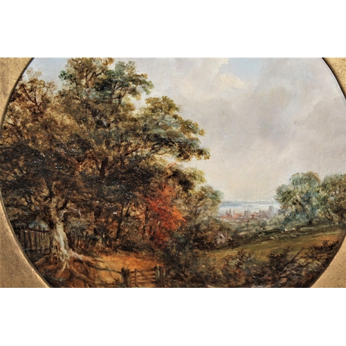 1069 - Robert Burrows, oil on panel, Suffolk landscape with distant town, unsigned, circular mounted, 7.25i... 