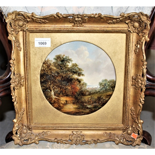 1069 - Robert Burrows, oil on panel, Suffolk landscape with distant town, unsigned, circular mounted, 7.25i... 