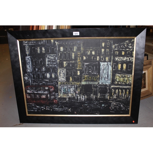 1075 - Richard Mara, oil on board, London street scene at night, 21ins x 29ins, framed