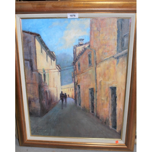 1076 - Lilian Beer, oil on board, figures in a Continental street scene, signed, 19ins x 15ins approximatel... 