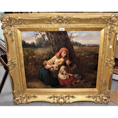 1078 - William J. Hardy, oil on canvas, two young girls with a baby seated beneath a tree in a summer lands... 