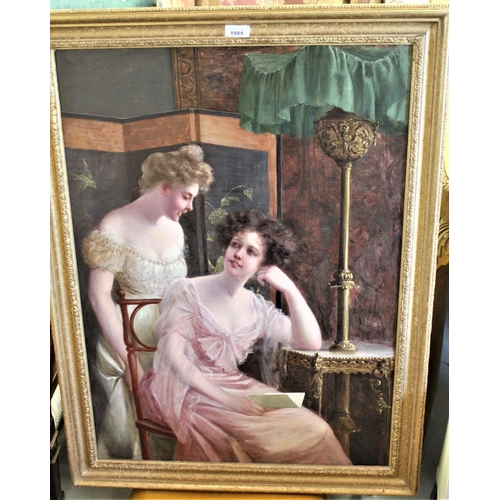 1085 - Late  19th / early 20th Century oil on canvas, an Edwardian interior scene with two ladies discussin... 