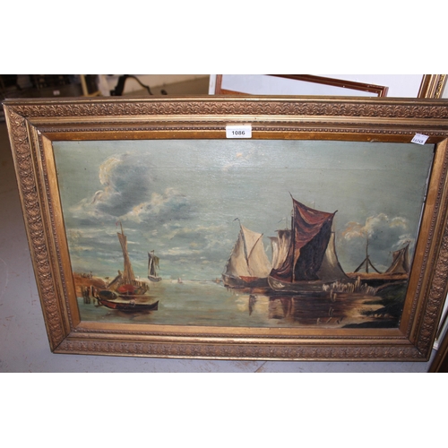 1086 - Oil on canvas, shipping scene, 14ins x 24ins, gilt framed, an oil on canvas, river scene with a King... 