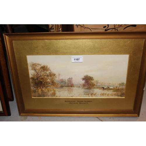 1107 - Arthur Willett, watercolour, river scene with cows grazing and a distant figure on a punt, signed, 6... 