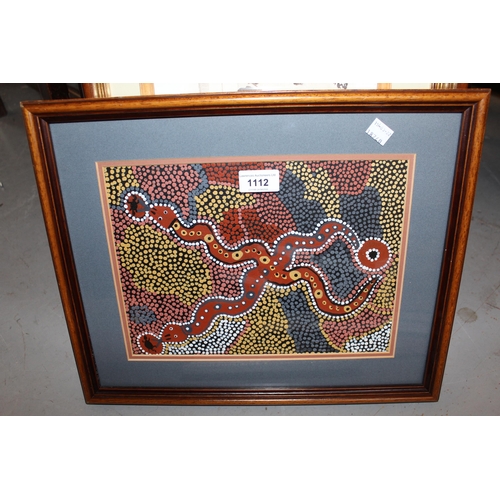 1112 - Modern aboriginal painting, 11.5ins x 8.5ins, framed together with a humorous French etching of dogs... 