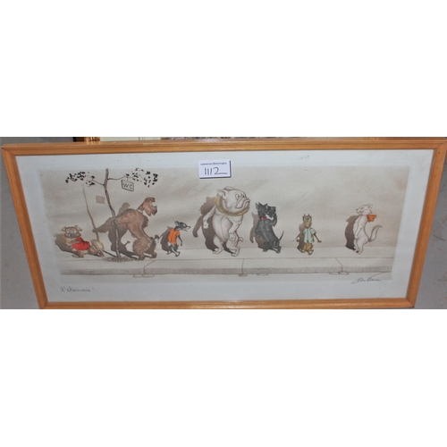 1112 - Modern aboriginal painting, 11.5ins x 8.5ins, framed together with a humorous French etching of dogs... 