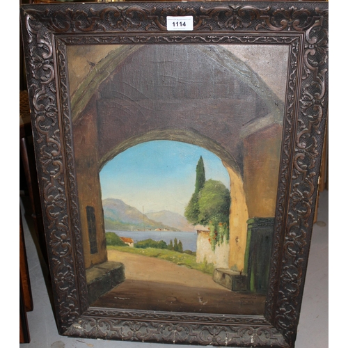 1114 - Pieter Van Unen, oil on canvas, view of a Continental lake and mountains through an archway, signed,... 