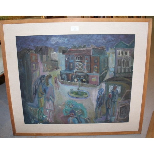 1125 - Modern British School on canvas, naive street scene with figures, 20ins x 24ins