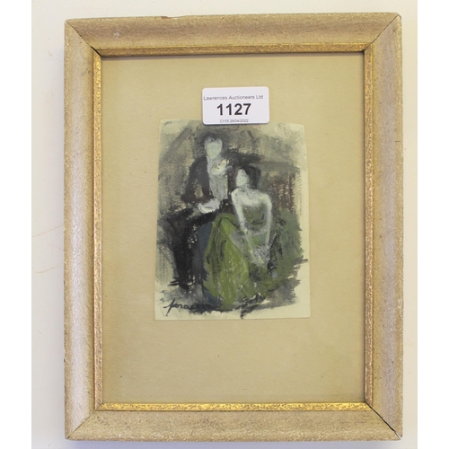 1127 - Gouache and ink on paper, study of a seated lady and courtier, signed ' Forain '