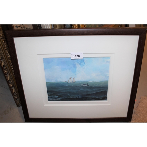 1130 - Arthur Bradbury signed gouache, maritime scene with shipping and two figures in an open boat, 6.5ins... 