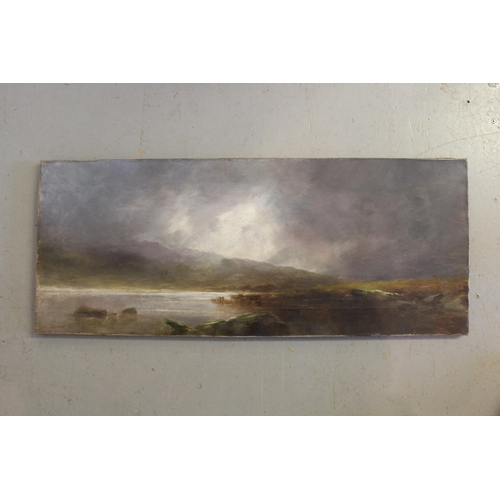 1136 - G. Shaw signed oil on canvas, highland river landscape with gathering rain clouds, 13ins x 32ins, un... 