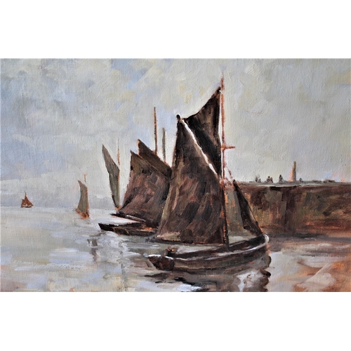 1138 - Two unframed oils on board. shipping on the open sea, and study of boats by a harour wall, largest 1... 