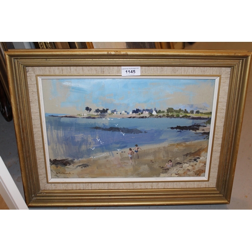 1145 - L. Richmond signed gouache painting, coastal inlet with bathers on a beach, 9ins x 14ins