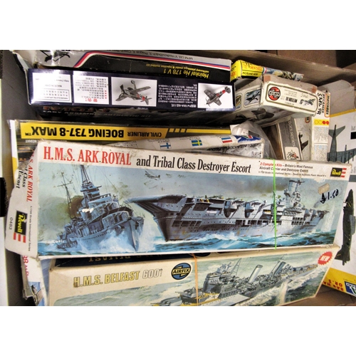 116 - Box containing a quantity of unbuilt aviation and Naval models by Revell, Airfix, Hobby Boss, Condor... 