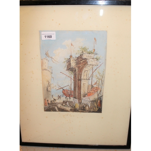 1160 - In the manner of Francesco Guardi, an antique gouache painting, Capriccio of a Venetian port, 9.5ins... 