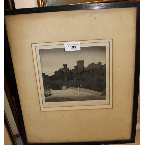 1191 - Eric Slater, woodblock print of Arundel castle, signed, framed, 6ins x 6.5ins