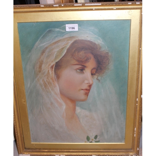 1196 - Watercolour, study of a girl wearing a bridal veil, 18ins x 14ins approximately, gilt framed