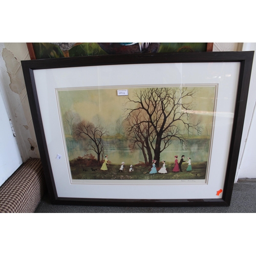 1199B - Helen Bradley, signed coloured print, figures in a parkland scene, blind stamp, together with a wate... 