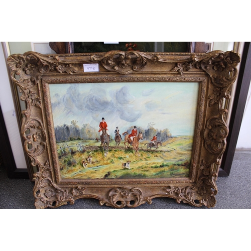 1199D - Kelly Swanston, oil on canvas, fox hunting, signed, 11ins x 15ins, gilt framed