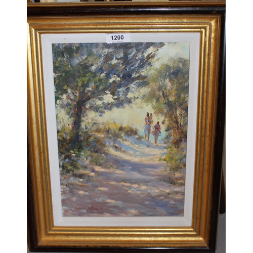 1200 - John Noott (contemporary), oil on board ' Down on the Beach ', 12ins x 8.5ins approximately, gilt fr... 