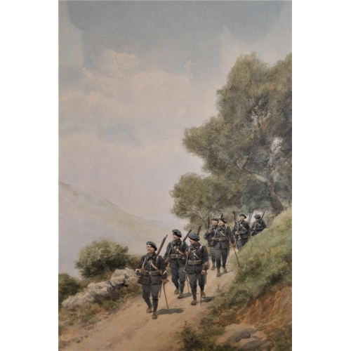 1202 - Pierre Comba, watercolour, French infantry in a mountain landscape, signed, 20ins x 13.5ins, gilt fr... 