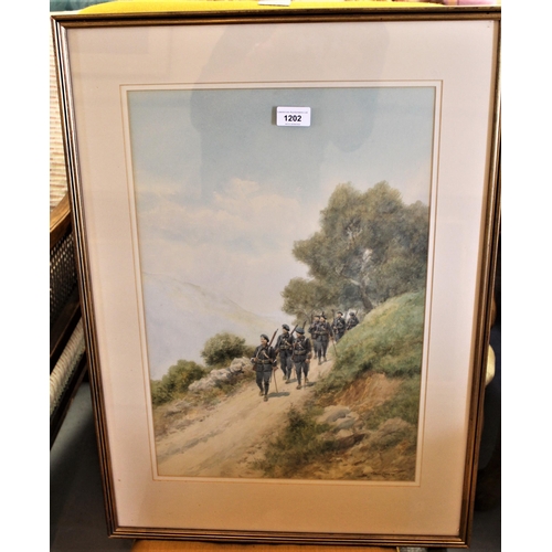 1202 - Pierre Comba, watercolour, French infantry in a mountain landscape, signed, 20ins x 13.5ins, gilt fr... 