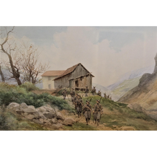 1203 - Pierra Comba, watercolour, French infantry in a mountain landscape, signed, 13.5ins x 20ins approxim... 