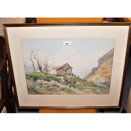 1203 - Pierra Comba, watercolour, French infantry in a mountain landscape, signed, 13.5ins x 20ins approxim... 