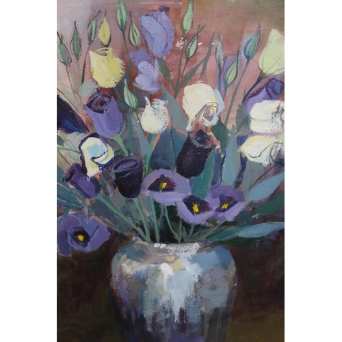 1206 - Judith Davis, acrylic on paper, still life of flowers in a pottery vase, signed, 20ins x 13ins appro... 