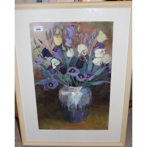 1206 - Judith Davis, acrylic on paper, still life of flowers in a pottery vase, signed, 20ins x 13ins appro... 