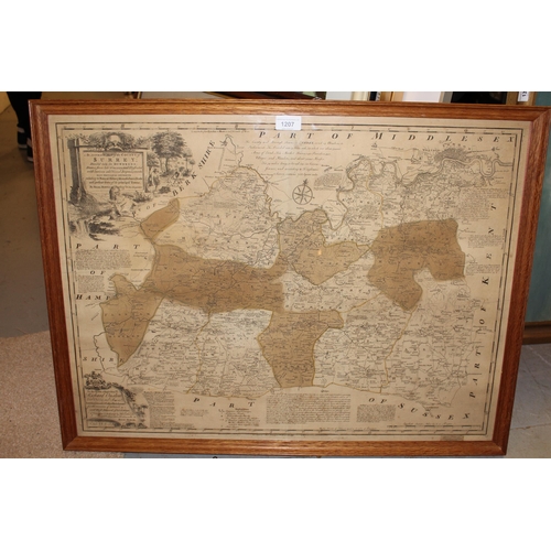 1207 - Bowen, antique framed map of Surrey divided into hundreds, 21ins x 28ins