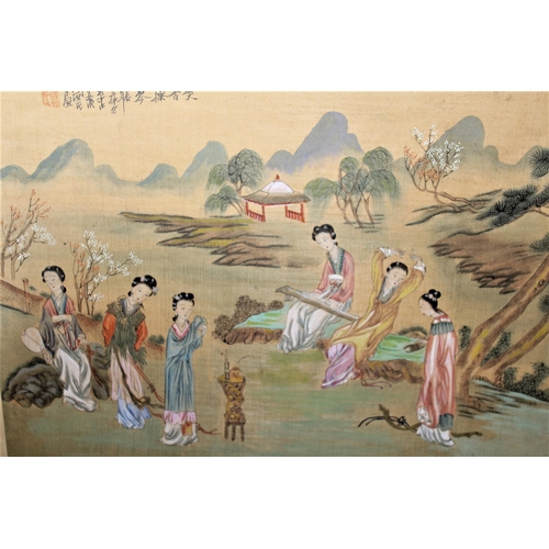 1331 - Pair of Chinese paintings on linen, figures in garden scenes, signed with character and red seal mar... 