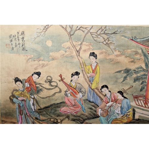 1331 - Pair of Chinese paintings on linen, figures in garden scenes, signed with character and red seal mar... 