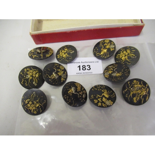 183 - Set of eleven Japanese bronze buttons, each decorated in silver and gilt with various scenes, birds ... 